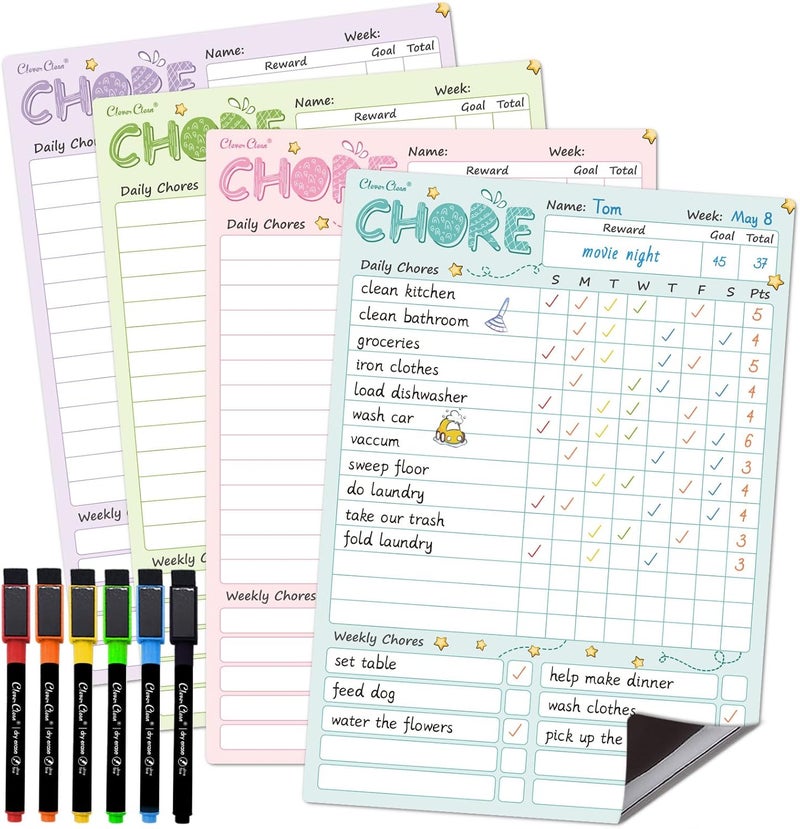 Clever Clean Magnetic Dry Erase Chore Chart - 8.5"x12" Behavior Responsibility Chore Board for Kids, Teenagers - 6 Extra Fine Point Markers Included - Shipped Flat 4 Pcs - Image 1
